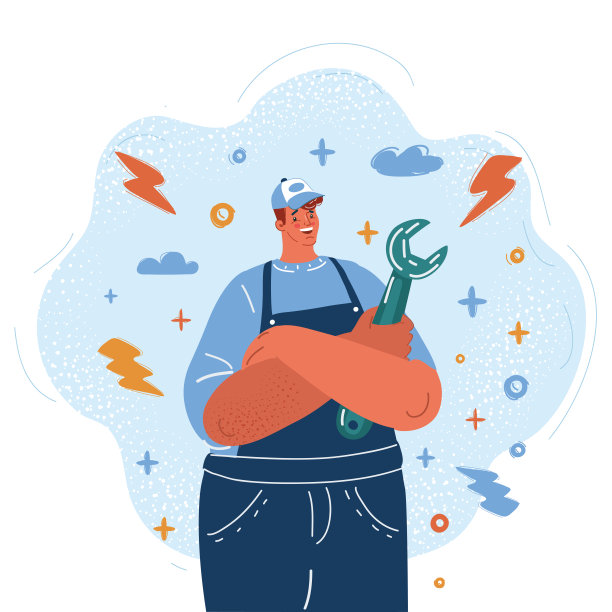 向量插图的插画快乐的水管工，机械师或勤杂工在工作衣服拿着扳手图片下载