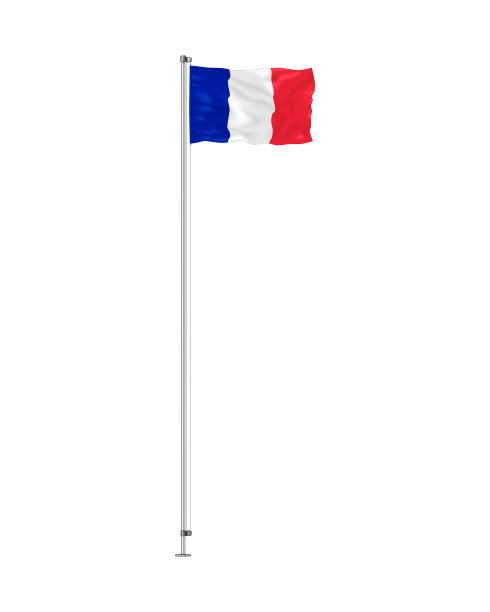 飘扬的法国国旗矢量插图。在白色背景的金属杆上挥舞着法国国旗图片下载
