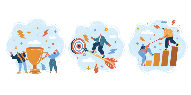 矢量插图的一群人站在一起，社区，在一起。人在箭上飞向garget。团队与thropy金杯，男人帮助女人达到下一个水平在黑暗的背景。图片下载