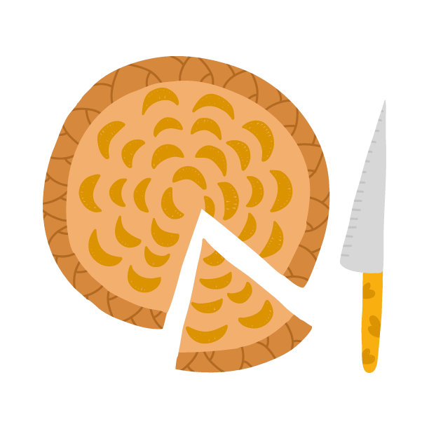 舒适的秋季剪贴画，季节性的烘焙，食物。肉桂苹果派，一块切下来的肉和一把可爱的小刀。Hygge手绘插图孤立在背景上。布料，贴纸，剪贴簿。图片下载