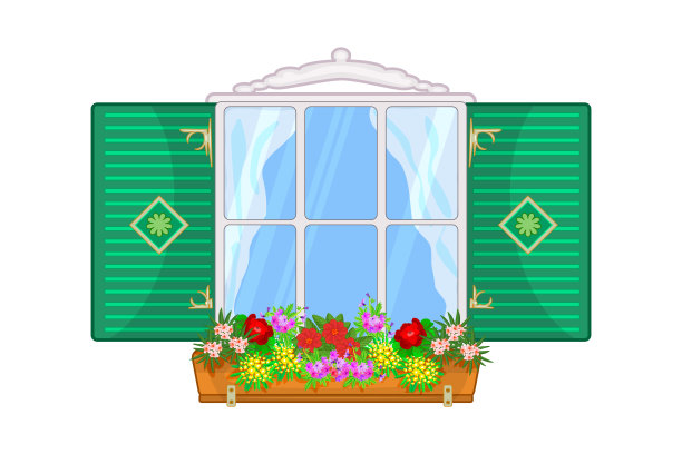 窗户与百叶窗和花孤立在白色背景。复古欧式木窗，挂花花园。图片下载