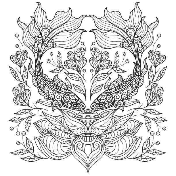 鱼和莲花手绘成人涂色书图片下载