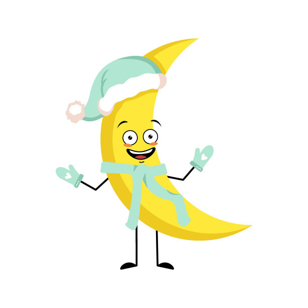 可爱的月亮人物在睡帽在圣诞老人的帽子快乐的情绪，喜悦的脸，微笑的眼睛，手臂和腿。表情和姿势滑稽的人。矢量平面插图图片下载