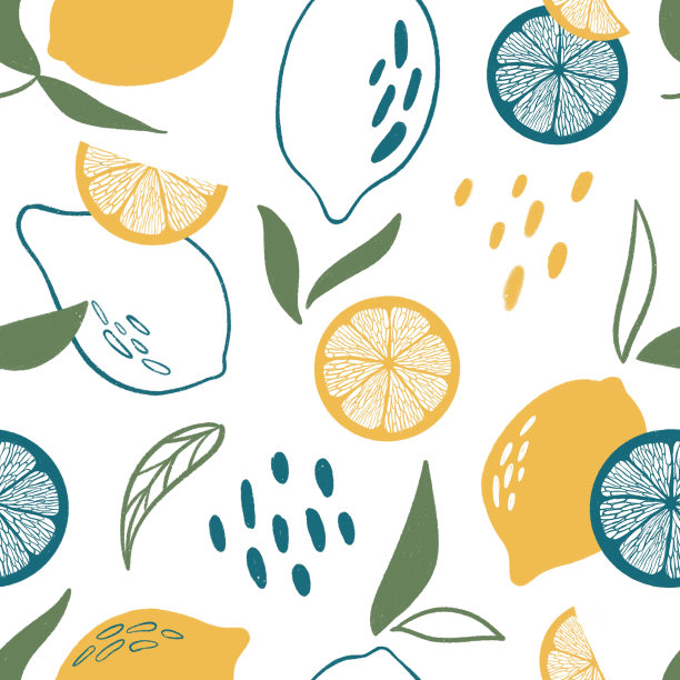手绘彩色无缝图案手绘柠檬。柑橘类水果的背景。用于纺织、壁纸、海报等。图片下载