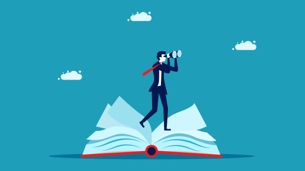 商人在一本书上看着望远镜。从知识中寻找机会图片下载