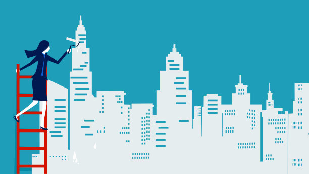 一个女商人建立自己的事业。经营理念。矢量图图片下载