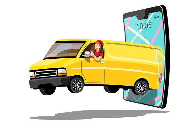 大孤立车辆矢量彩色图标，平面插图货车通过GPS跟踪位置。配送车辆、货物食品配送、即时配送、在线配送。图片下载