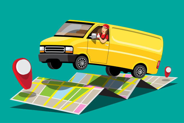 大孤立车辆矢量彩色图标，平面插图货车通过GPS跟踪位置。配送车辆、货物食品配送、即时配送、在线配送。图片下载