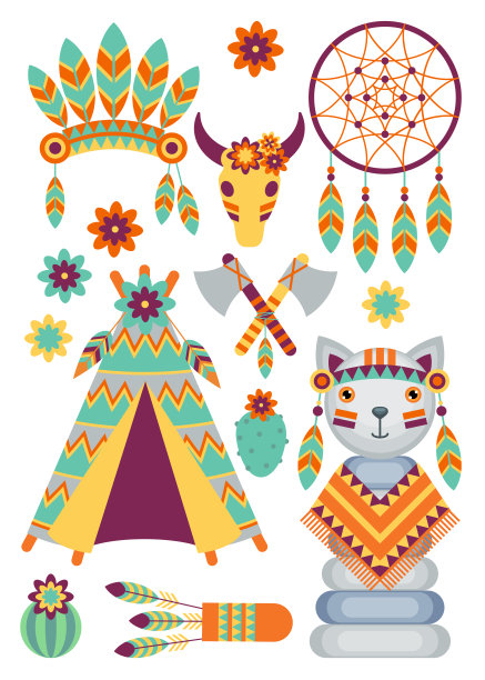 一套矢量卡通图标与玩具在一个白色背景上的美国印第安人的主题。图片下载