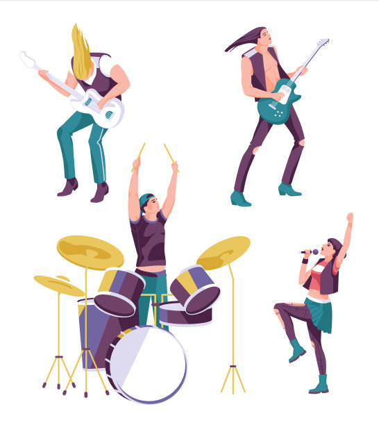 舞台上的一组摇滚音乐家:歌手、吉他手、贝斯手、鼓手。字符隔离在白色背景。平面向量插图图片下载