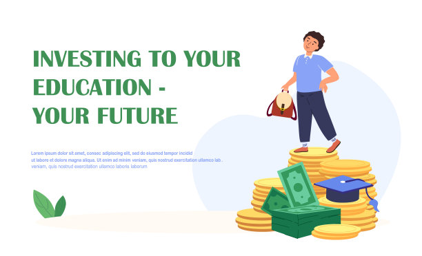 小男孩站在巨大的金币堆上。站页面模板。储蓄的概念，未来教育的投资，生活的繁荣。孩子教育融资。卡通人物矢量插图图片下载