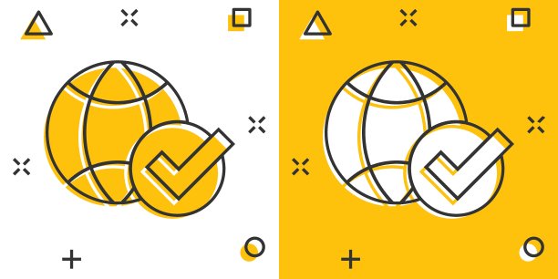 漫画风格的球形复选标记图标。世界认可卡通矢量插图在白色孤立的背景。确认飞溅效应经营理念。图片下载