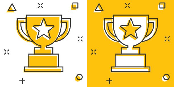 奖杯杯图标在漫画风格。孤立背景上的高脚杯奖卡通矢量插图。奖励喷溅效果标志的经营理念。图片下载