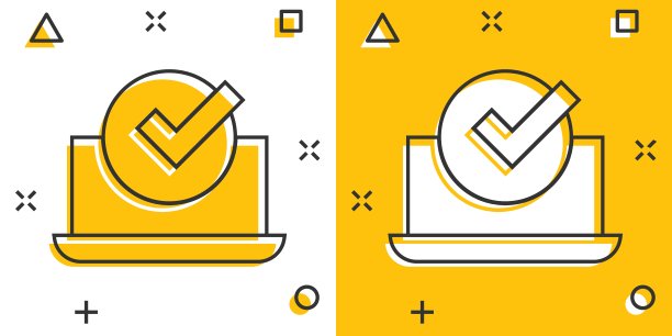 笔记本电脑的复选标志图标在漫画风格。计算机批准卡通矢量插图白色孤立的背景。确认飞溅效应经营理念。图片下载