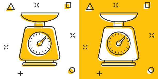 浴室体重秤图标在漫画风格。孤立背景上的质量测量卡通矢量插图。超重喷溅效果标识的经营理念。图片下载
