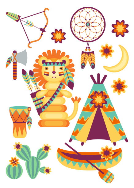 一套矢量卡通图标与玩具在一个白色背景上的美国印第安人的主题。图片下载