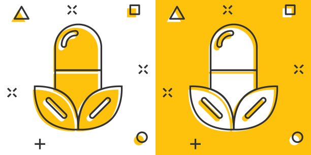 维生素药丸笔记图标在漫画风格。胶囊卡通矢量插图白色孤立的背景。抗生素喷溅效果标识的经营理念。图片下载