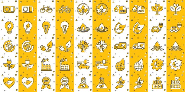 生态环境图标设置在漫画风格。生态卡通矢量插图在白色孤立的背景。生物标志喷溅效果标志经营理念。图片下载