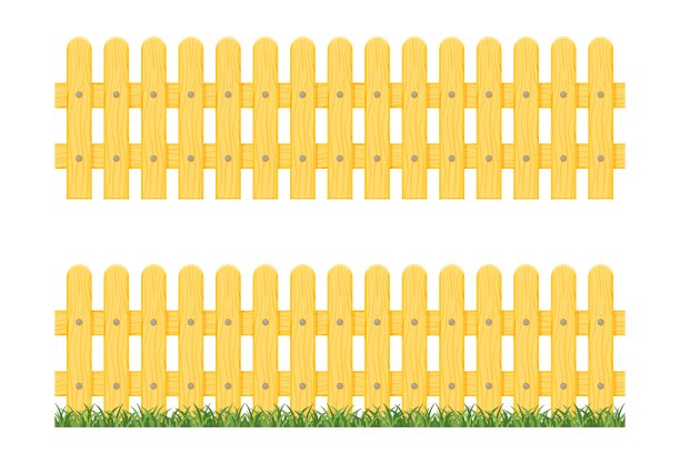 白色背景上的草地上孤立的木栅栏。无缝尖桩栅栏的矢量插图。图片下载