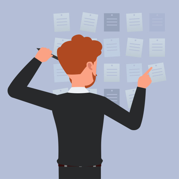 商人双手放在脑后，专注于思考贴在墙上的纸条。人的性格向量设计。图片下载