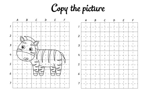 复制图片。画网格。孩子们的涂色书。书法练习，绘画技巧训练。教育开发可打印工作表。活动页面。可爱的卡通矢量插图。图片下载
