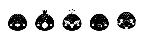 黑色和白色的动物头部设置企鹅，乌鸦，孔雀，火鸡，巨嘴鸟。斯堪的纳维亚风格的动物脸。为孩子设计t恤、服装、幼儿园装饰、贺卡等。图片下载