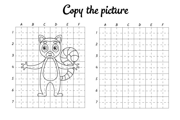 复制图片。画网格。孩子们的涂色书。书法练习，绘画技巧训练。教育开发可打印工作表。活动页面。可爱的卡通矢量插图。图片下载