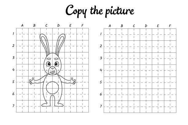 复制图片。画网格。孩子们的涂色书。书法练习，绘画技巧训练。教育开发可打印工作表。活动页面。可爱的卡通矢量插图。图片下载