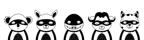 可爱的超级英雄人物动物。为孩子设计t恤，幼儿园装饰，贺卡。可爱的斯堪的纳维亚风格的角色。黑白组考拉，袋鼠，鳄鱼，麝牛，猞猁图片下载