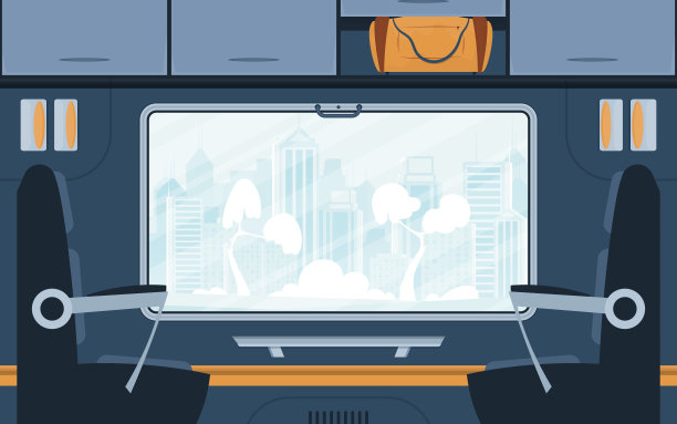 有扶手椅和大窗户的火车车厢。铁路运输。卡通风格。平的风格。图片下载