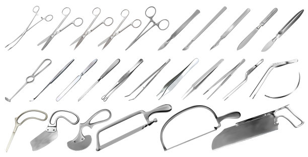 手术器械。镊子，手术刀，石膏和骨锯，截肢和石膏刀，显微外科手术钳和夹子，钩，针。大量手工金属工具的收集。矢量图图片下载