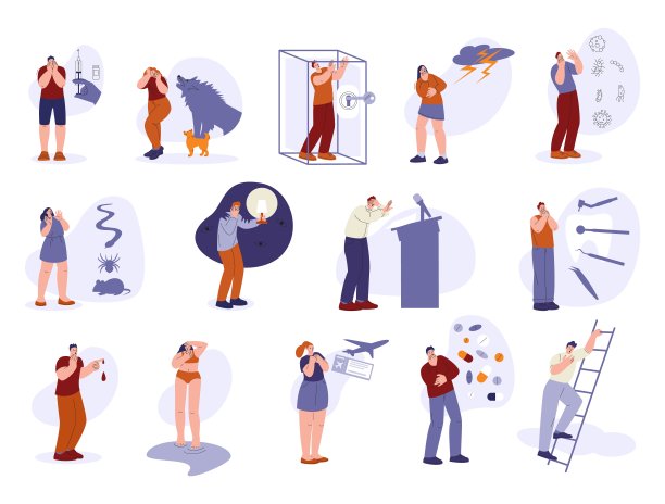 精神障碍和精神失望。女性对男性的恐惧、疾病或偏执。情绪低落，沮丧和焦虑的人踢矢量场景图片下载