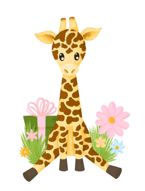 可爱的礼物长颈鹿在草地上花。图片下载