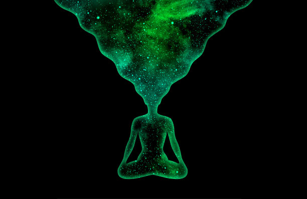 在黑色背景上，一个荷花女子摆出的姿态，构成了布满星星的绿色宇宙图片下载