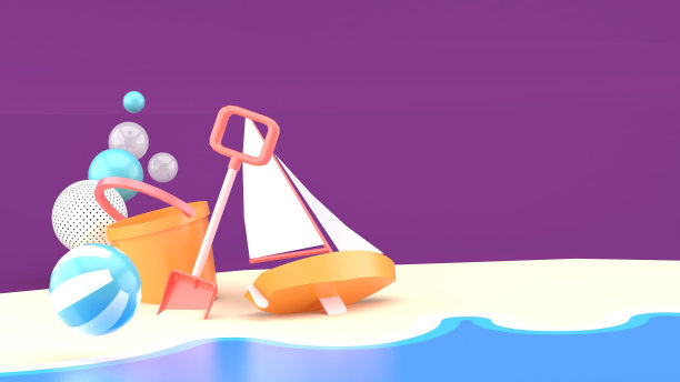 紫色背景上的沙滩玩具。3 d渲染。“n图片下载