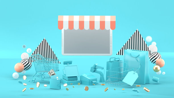 这家网上商店周围是蓝色背景的购物袋和购物车。3 d渲染。“n图片下载