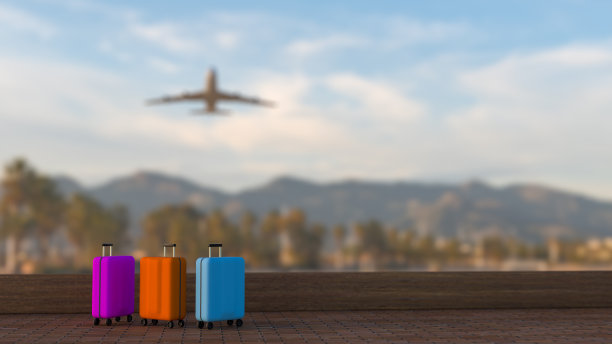 行李箱在机场。旅行的概念。三维渲染图片下载