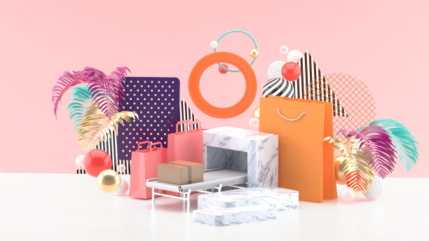 大理石底座，生产线和购物袋，彩色球和几何形状，图形在粉红色的背景。3 d渲染。“n素材图片