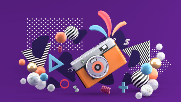 橙色的相机周围的图形和彩色球在紫色的背景。3 d渲染。“n图片下载