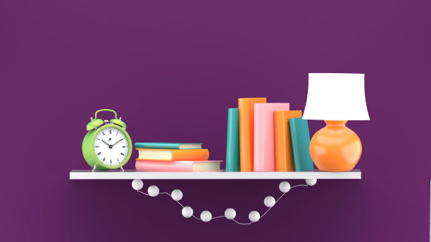 紫色背景上的书架、时钟和台灯。3 d渲染。“n图片下载