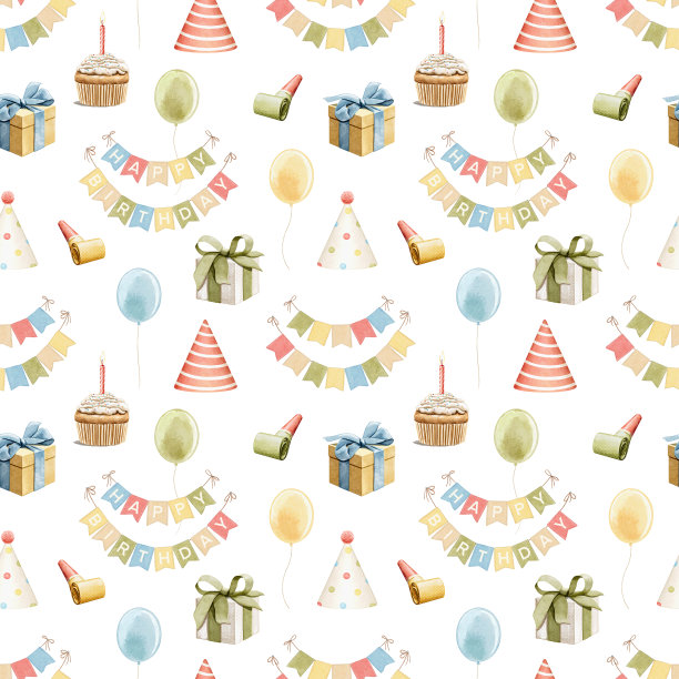 水彩无缝图案与喜庆多彩的生日快乐物品图片下载
