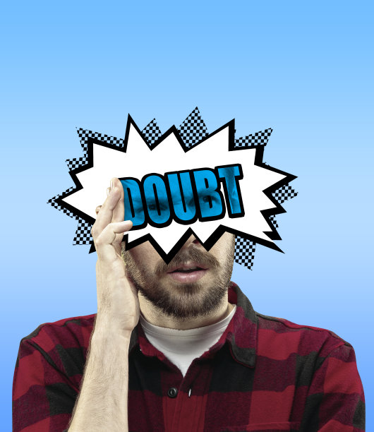 当代艺术拼贴的人与文字怀疑，而不是眼睛孤立的蓝色背景。艺术、创作、思想、抱负观念图片下载