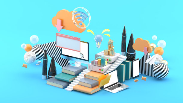 电脑，笔记本电脑和智能手机在一堆书里和云系统被蓝色背景的彩色球包围着。3 d渲染。图片下载