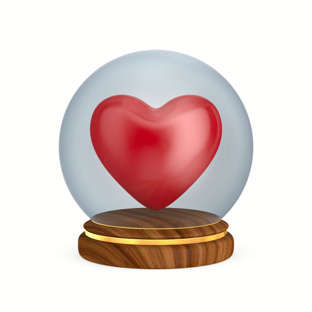木制平台上的玻璃圆顶和心形。孤立的3D插图在白色背景图片下载