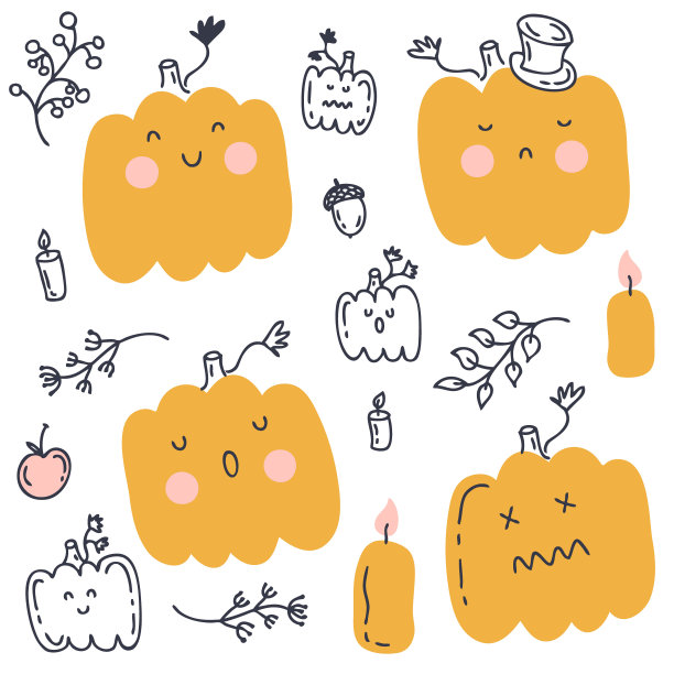 涂鸦万圣节南瓜收集与秋天的元素。完美的剪贴簿，海报，贴纸和打印。手绘矢量插图用于装饰和设计。图片下载