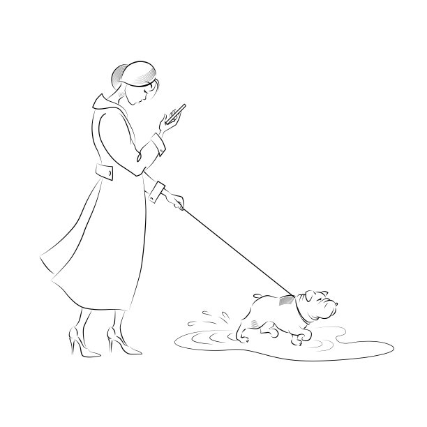 一个年轻的女人遛狗。宠物跑过水坑。图片下载