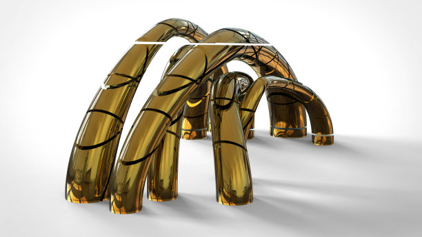 金色的管道矗立在一个未来的抽象雕塑中，由线条时尚地切割在白色背景上，孤立地呈现出3D图像图片下载
