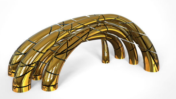 金色的管道矗立在一个未来的抽象雕塑中，由线条时尚地切割在白色背景上，孤立地呈现出3D图像图片下载