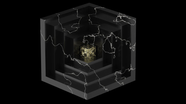 平衡立方体内部切割小立方体的黄金递归外观和内部世界概念抽象雕塑渲染3D图像图片下载