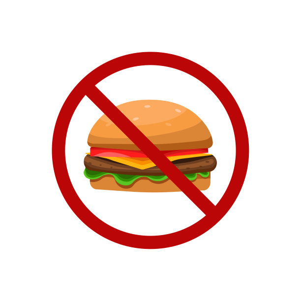 不准吃快餐，不准吃平面矢量符号的食物。汉堡插图。请勿携带食物进入。没有不健康的饮食。图片下载